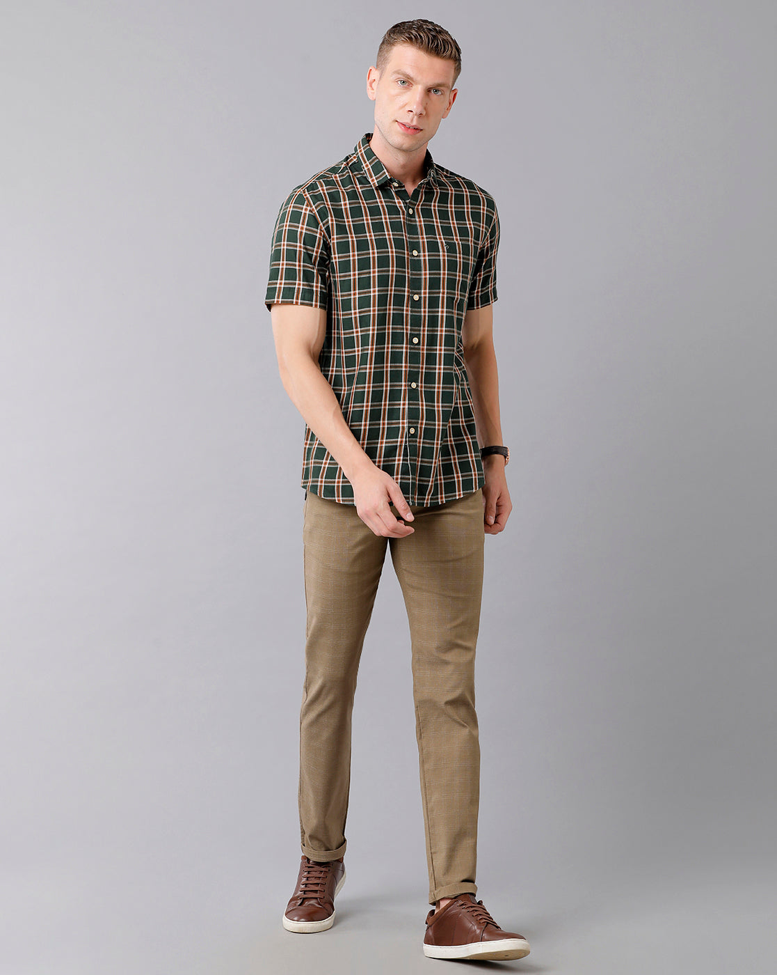 CP BRO Men's Cotton Checked Slim Fit Light Khaki Color Trousers | Tbn2-09 B