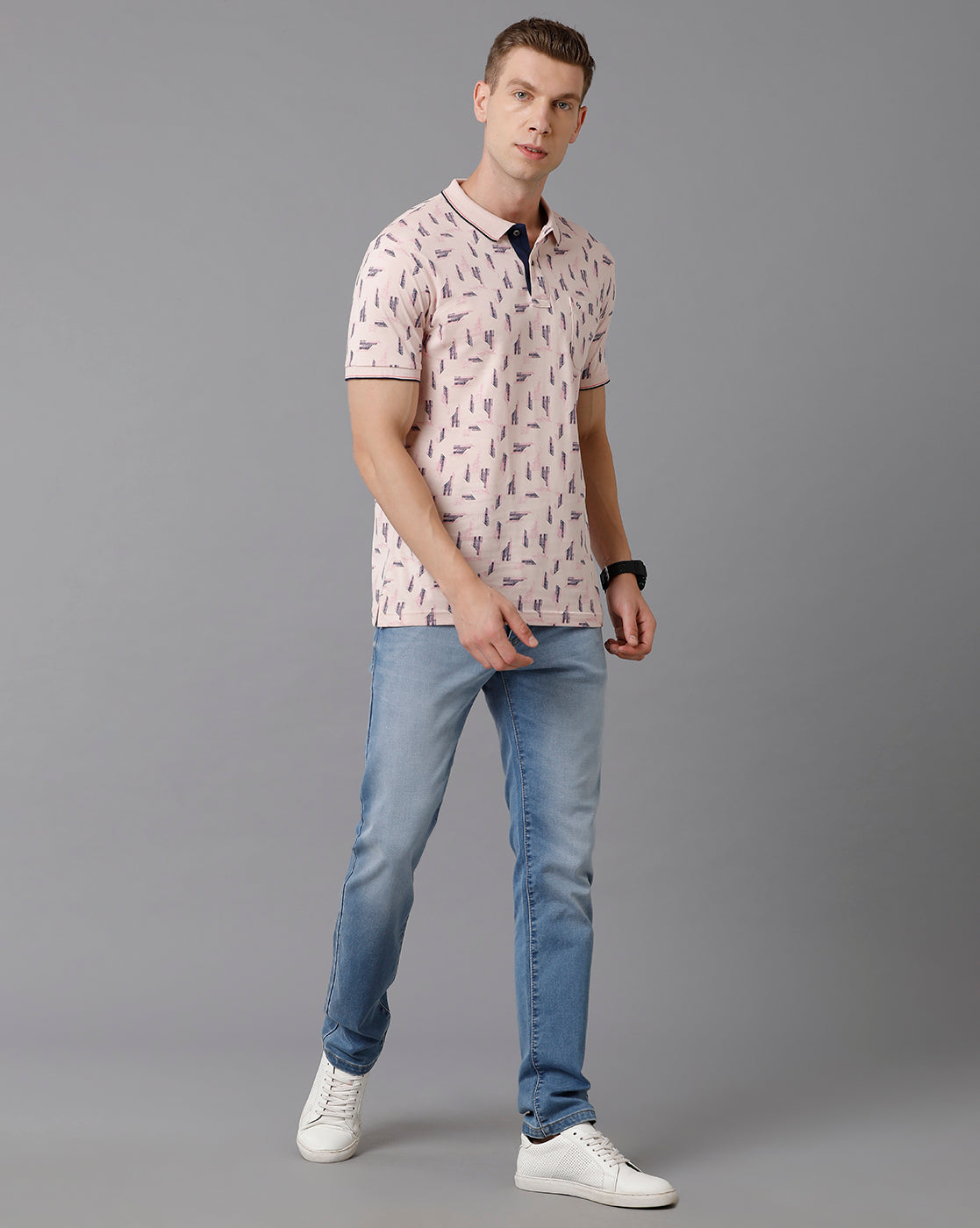 Classic Polo Men's Cotton Printed Half Sleeve Slim Fit Polo Neck Pink Color T-Shirt | HS-BELLO - 03 A
