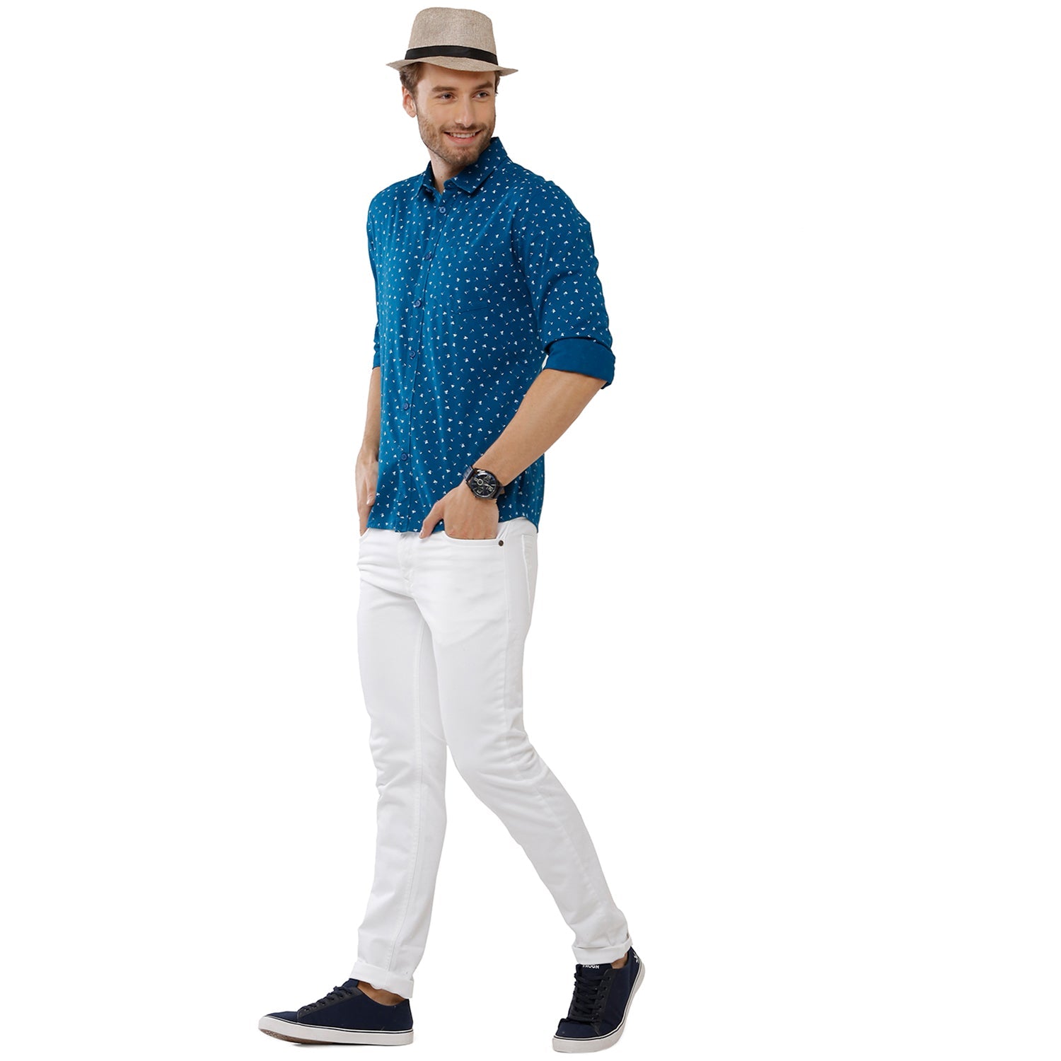 Classic Polo Bro Mens 100% Cotton Printed Full Sleeve Slim Fit Polo Neck Navy Color Woven Shirt (SBN1-72 B-FS-PRT-BSL) Classic Polo 