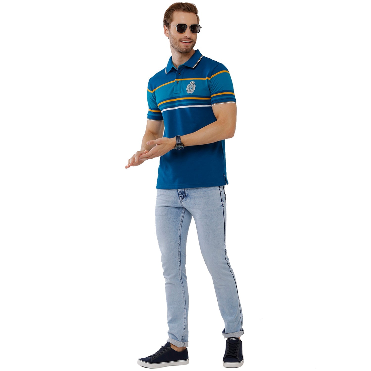 Classic Polo Mens 100% Cotton Blue Stripped Slim Fit Polo Neck T-Shirt - VTA 85 A T-shirt Classic Polo 