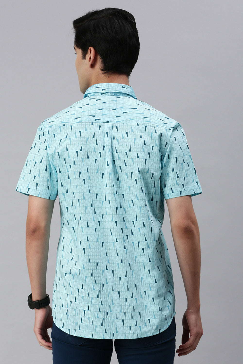 Classic Polo Men's Cotton Half Sleeve Printed Slim Fit Polo Neck Light Blue Color Woven Shirt | So1-150 B