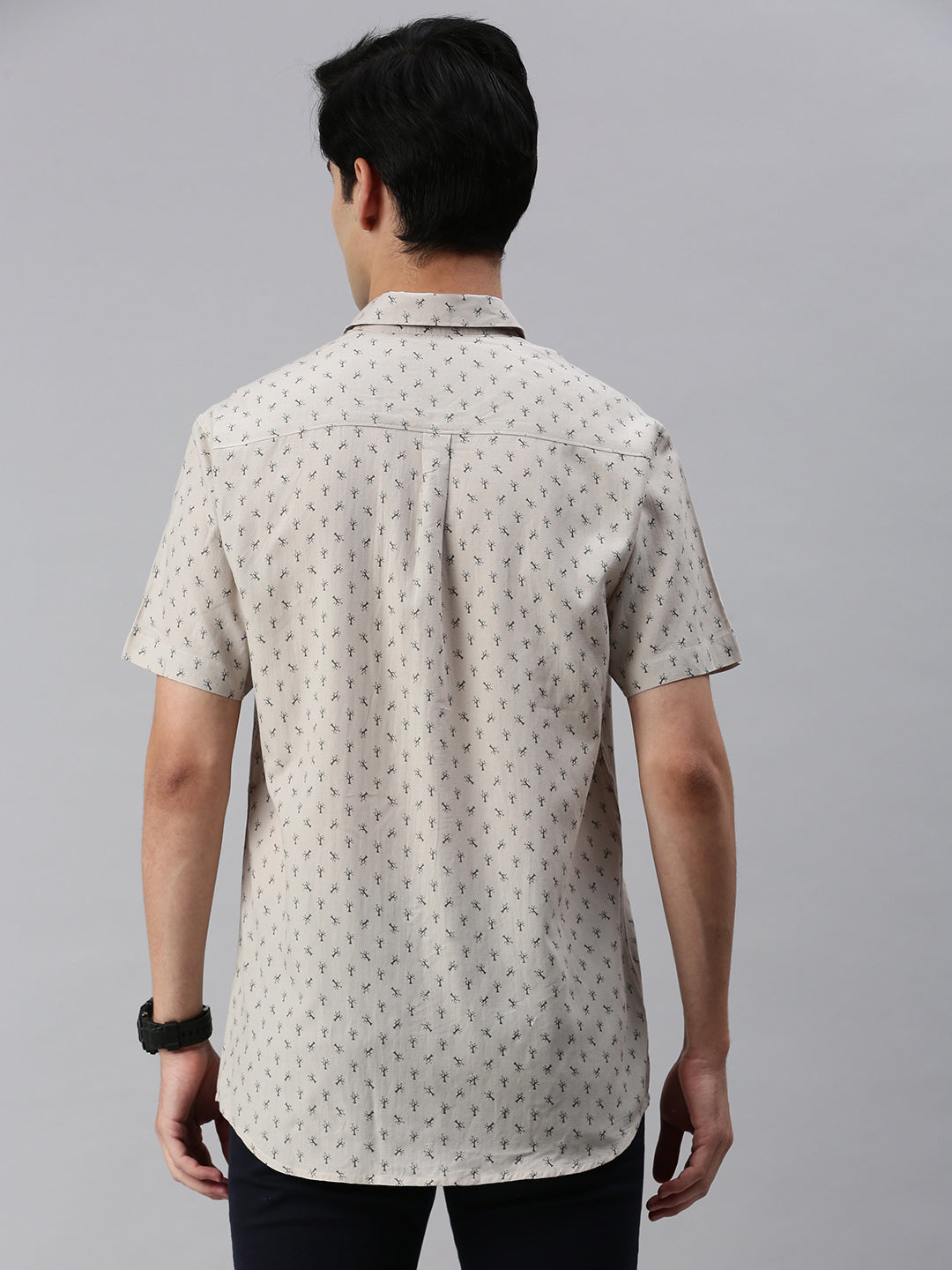 Classic Polo Men's Cotton Half Sleeve Printed Slim Fit Collar Neck Cream Color Woven Shirt | So1-151 B