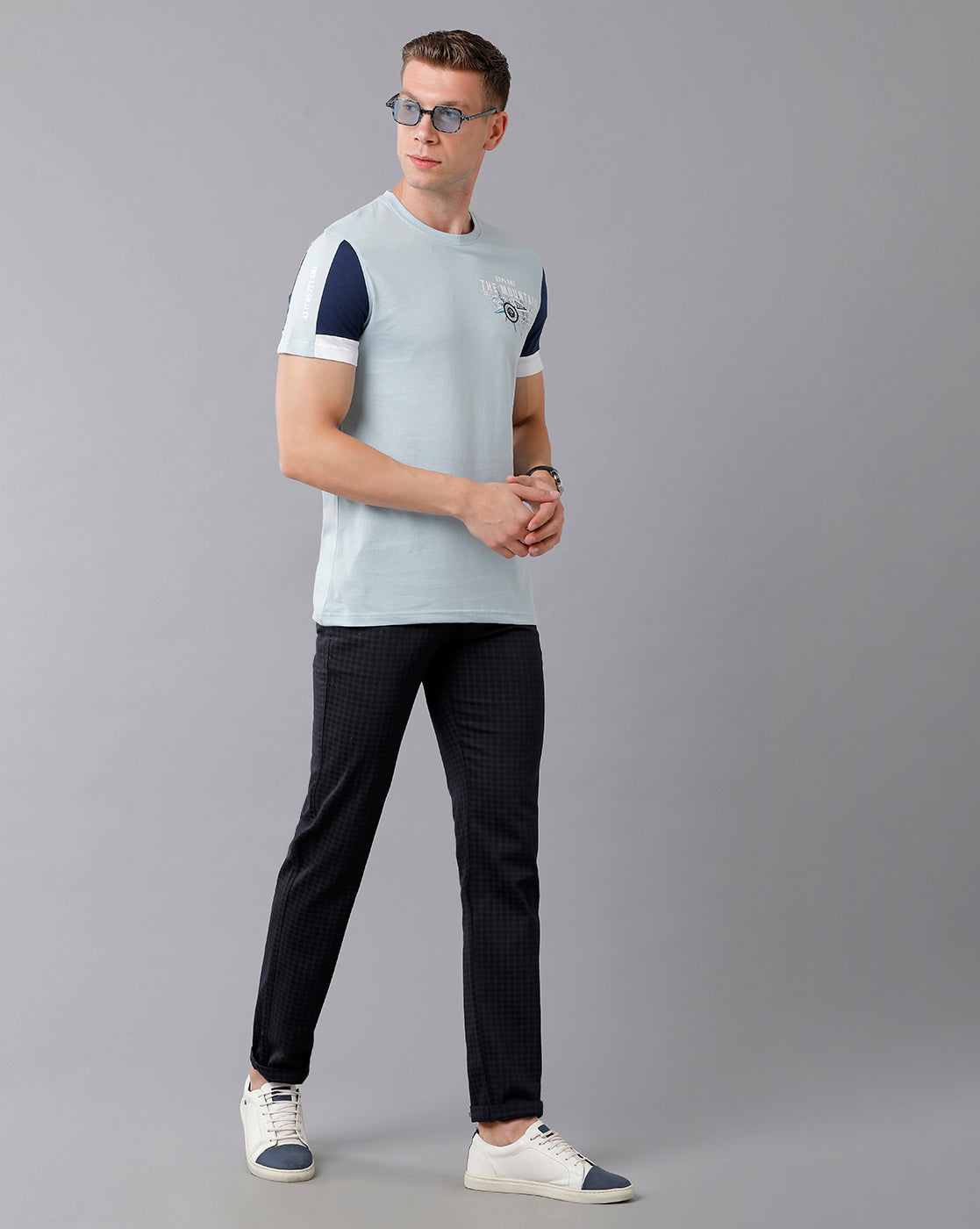 CP BRO Men's Cotton Color Block Half Sleeve Slim Fit Round Neck Sky Blue Color T-Shirt | Brcn - 491 A