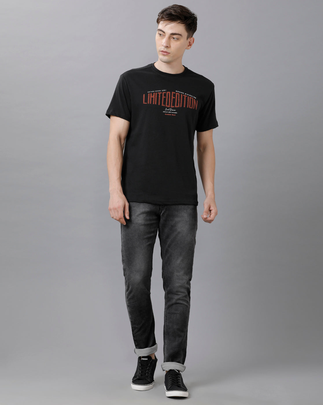 Classic Polo Mens Cotton Printed Half Sleeve Slim Fit Round Neck Black Color T-Shirt | Baleno 489