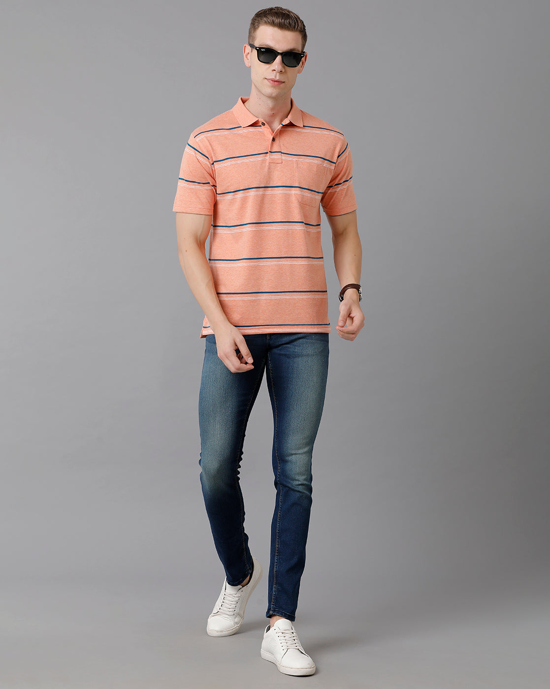 Classic Polo Men's Cotton Blend Striped Authentic Fit Peach T-Shirt | Avon - 499 A