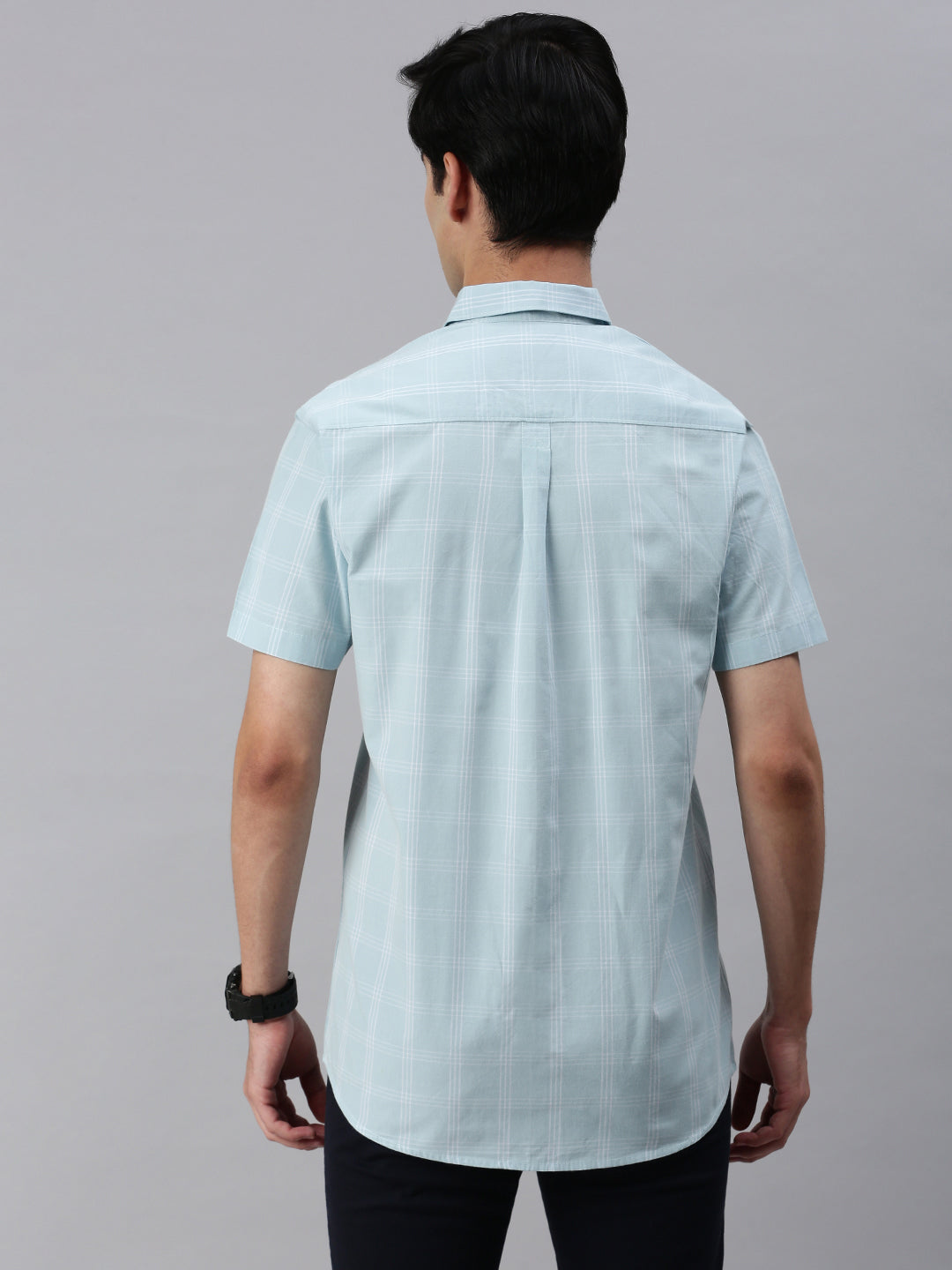 Classic Polo Men's Cotton Half Sleeve Checked Slim Fit Collar Neck Light Blue Color Woven Shirt | So1-140 A