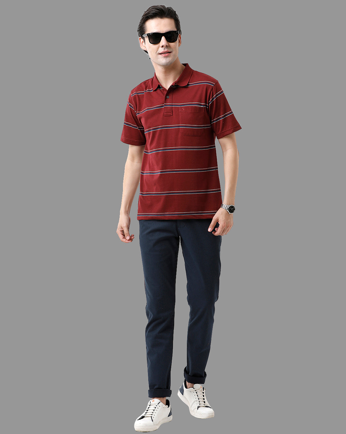 Classic Polo Mens Cotton Blend Half Sleeve Striped Authentic Fit Polo Neck Maroon Color T-Shirt | Avon - 501 A