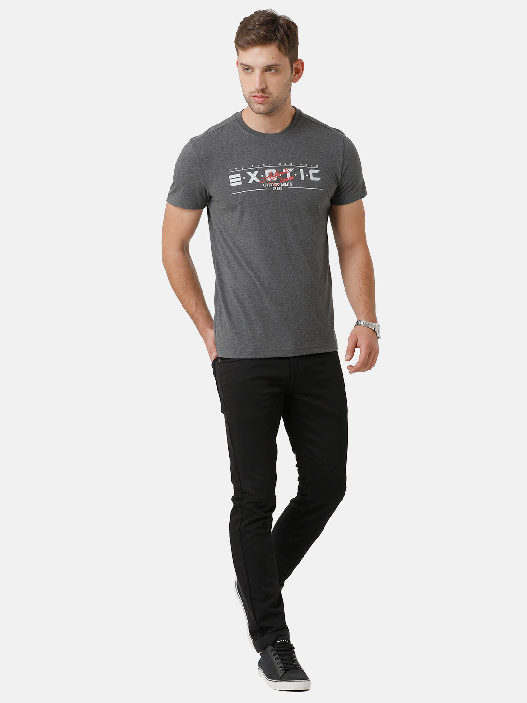 CP BRO Men's Cotton Printed Half Sleeve Slim Fit Round Neck Dark Grey Color T-Shirt | Brcn 500