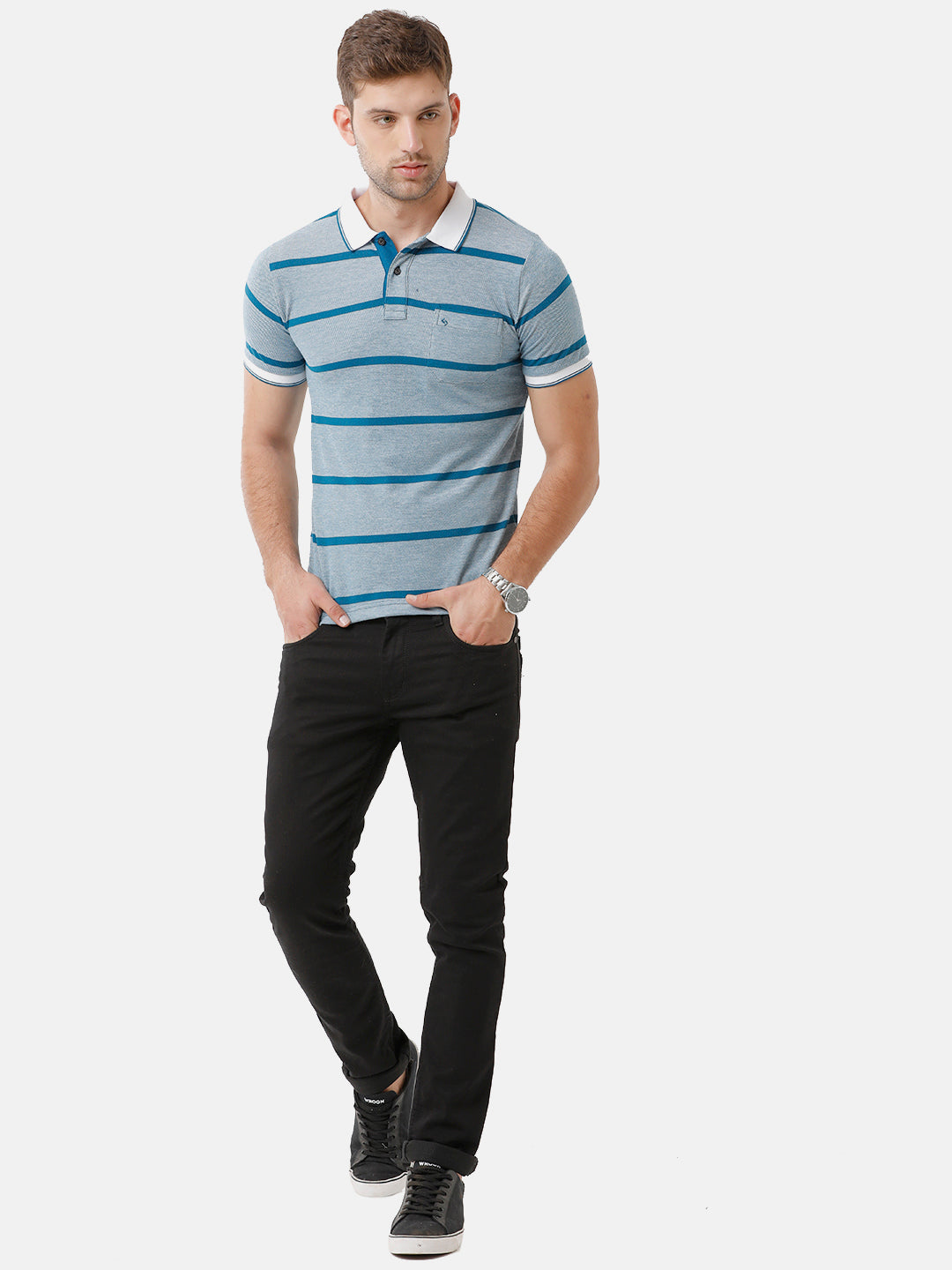 Classic Polo Mens Cotton Blend Half Sleeve Striped Slim Fit Polo Neck Blue Color T-Shirt | Adore 171 B