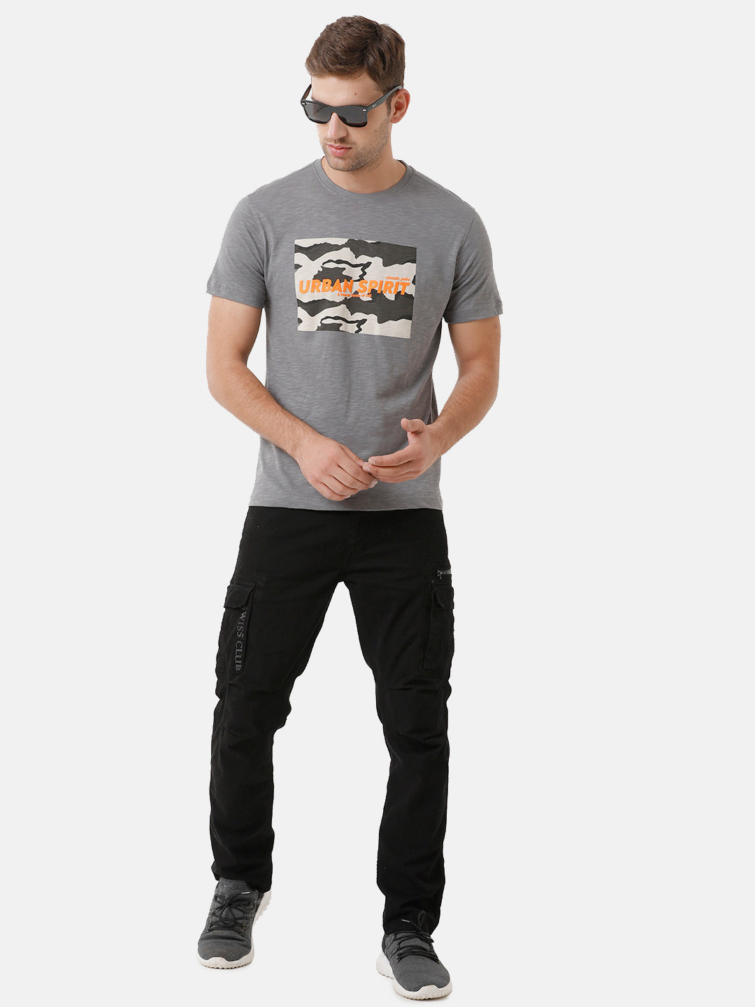 Classic Polo Mens Cotton Printed Half Sleeve Slim Fit Round Neck Grey Color T-Shirt | Baleno 406 B