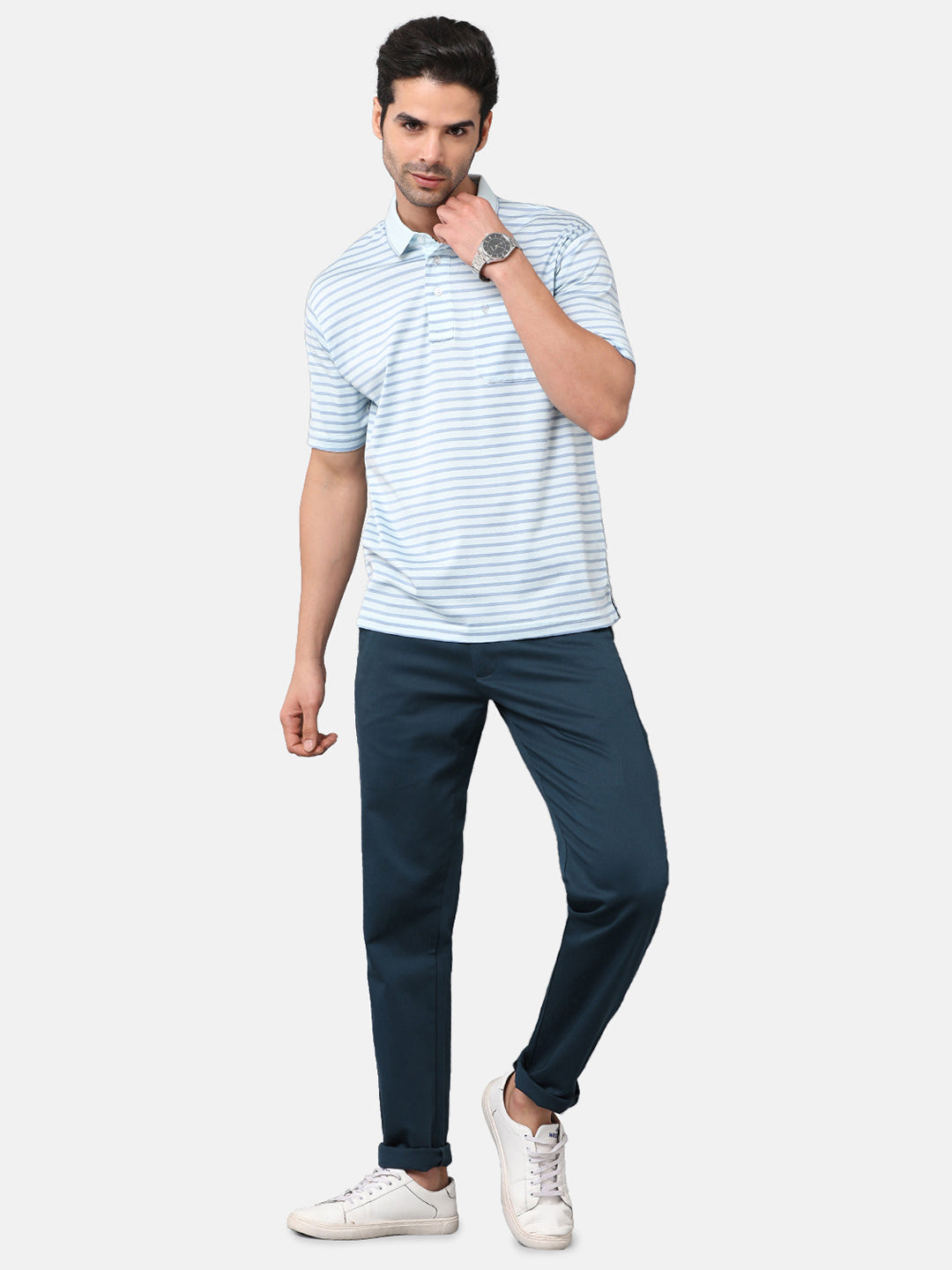 Classic Polo Mens Cotton Striped Authentic Fit Polo Neck Sky Blue Color T-Shirt | ultimo 272A