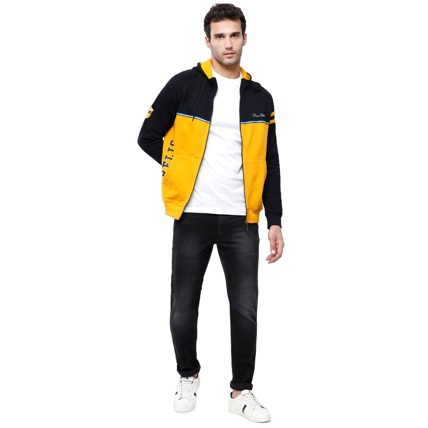 Classic Polo Men's Color Block Full Sleeve Yellow & Black Hood Sweat Shirt - CPSS-330A Sweat Shirts Classic Polo 