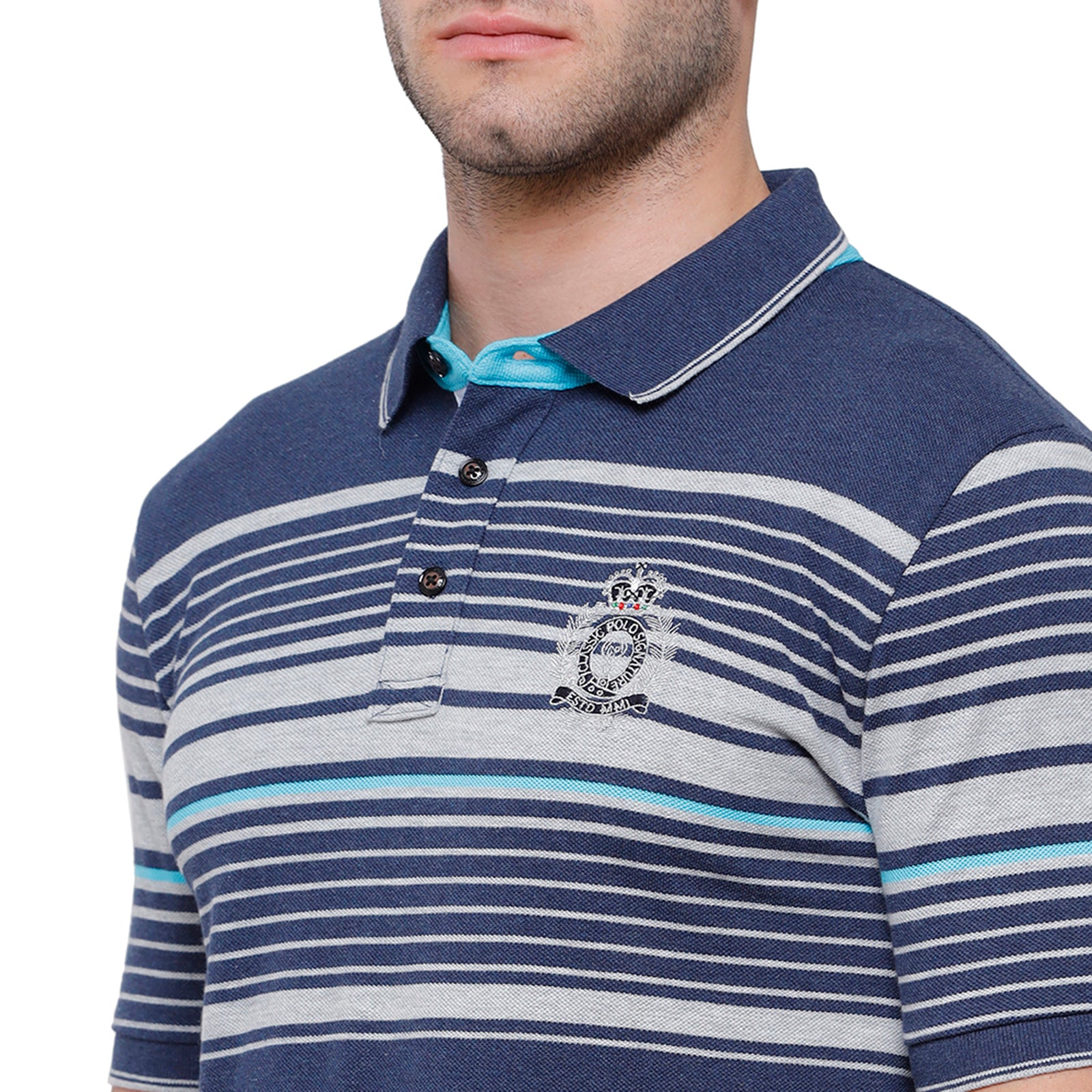 Classic Polo Mens Navy & Grey Stripped Half Sleeve Slim Fit Polo Neck T-Shirt - VTA 183 A T-shirt Classic Polo 