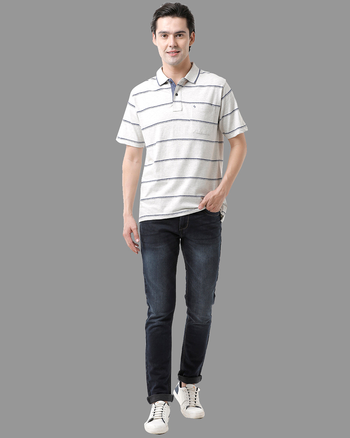 Classic Polo Mens Cotton Blend Half Sleeve Striped Regular Fit Polo Neck White Color T-Shirt | Mel - 211 B