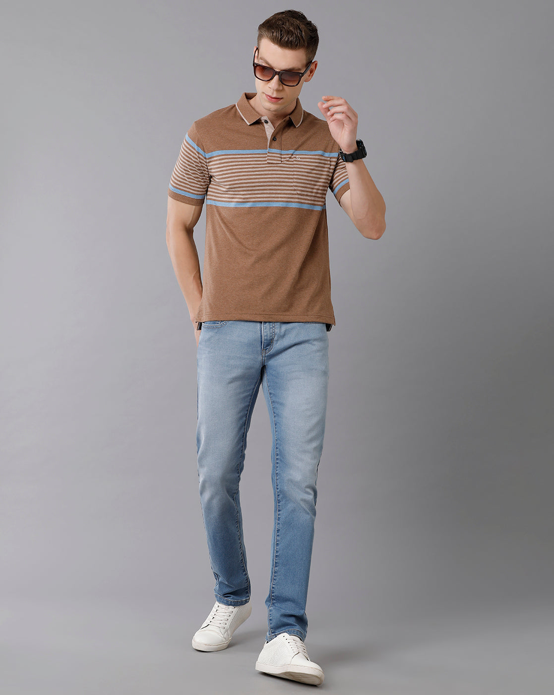 Classic Polo Men's Cotton Blend Striped Authentic Fit Brown T-Shirt | Mel - 216 A