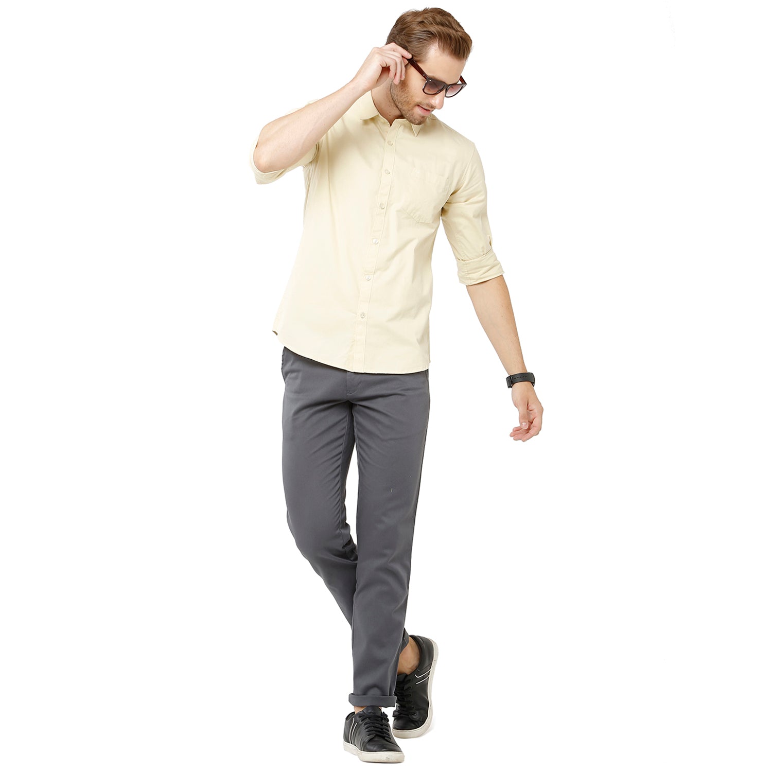 Classic Polo Mens 100% Cotton Full Sleeve Solid Slim Fit Cream Yellow Color Woven Shirt -SN1 115 B Classic Polo 