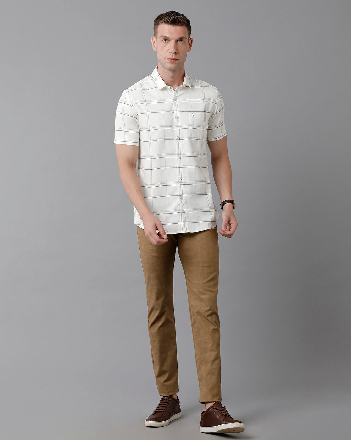 CP BRO Men's Cotton Checked Slim Fit Khaki Color Trousers | Tbn2-09 A