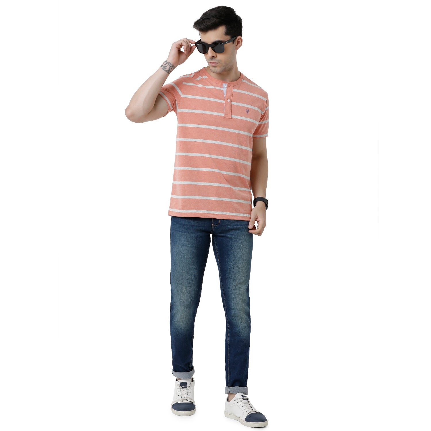Classic Polo Mens Striped Slim Fit Crew Neck Peach Color T-Shirt - Baleno - 405 A T-shirt Classic Polo 