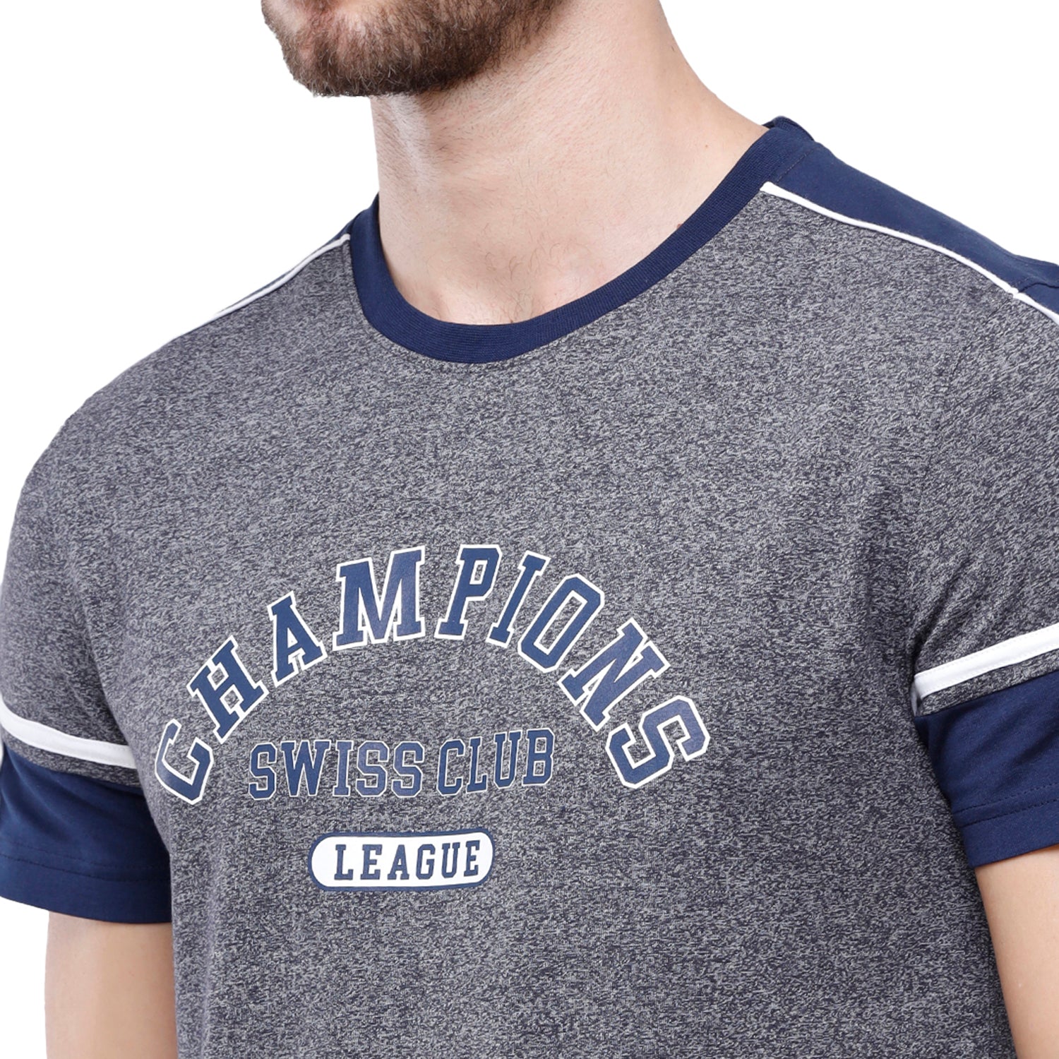 Swiss Club Mens Grey Chest Print Slim Fit Half Sleeve Round Neck T-Shirt (CUB - 48 B SF C) T-shirt Swiss Club 