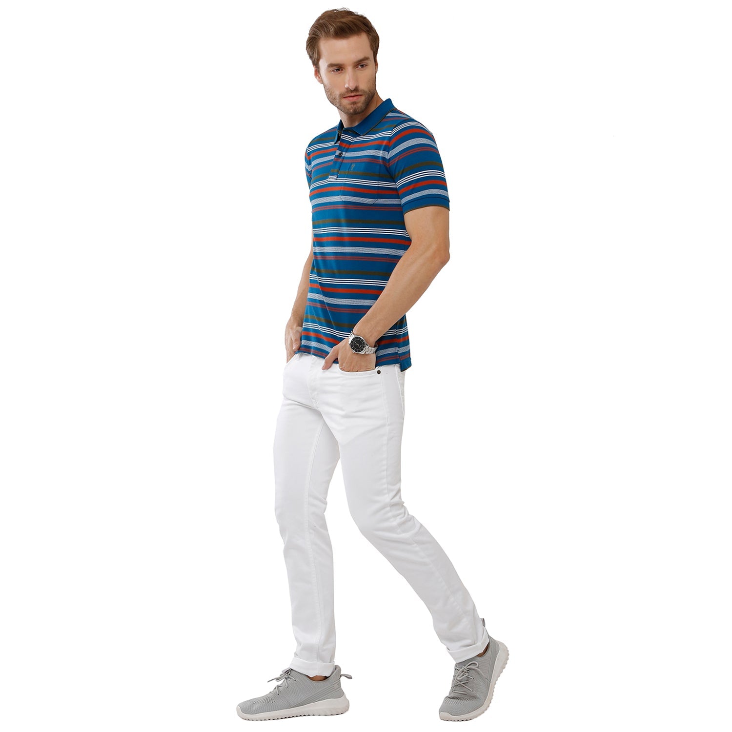 Classic Polo Mens Cotton Navy & Red Color Striped Slim Fit Polo Neck T-Shirt - Adore 165 B T-shirt Classic Polo 