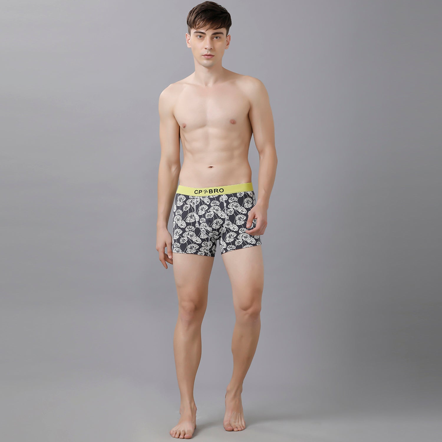 CP BRO Men's Printed Trunks with Exposed Waistband - Grey Leaf Print