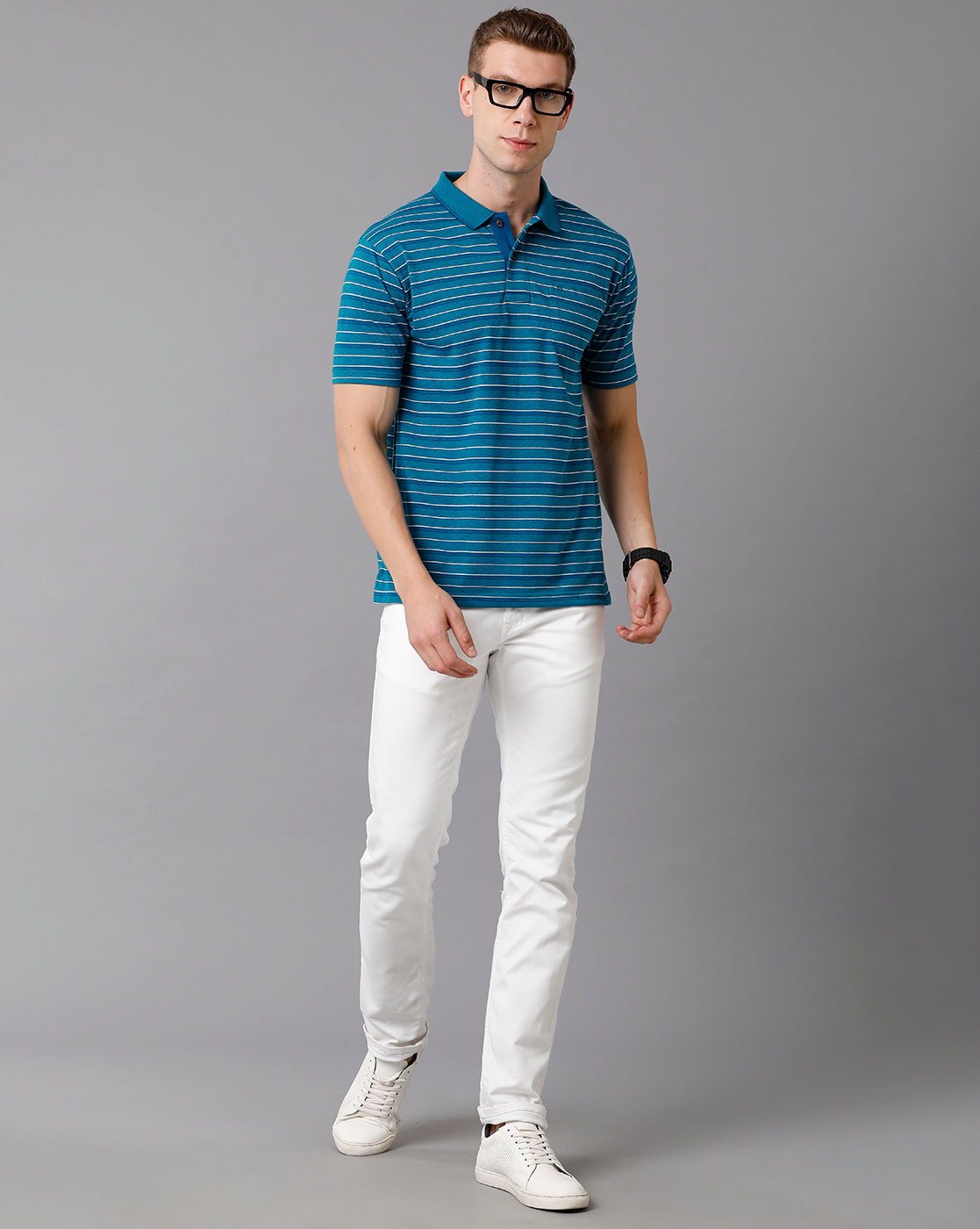 Classic Polo Men's Cotton Striped Authentic Fit Azure Blue T-Shirt | Feeders - 204 B
