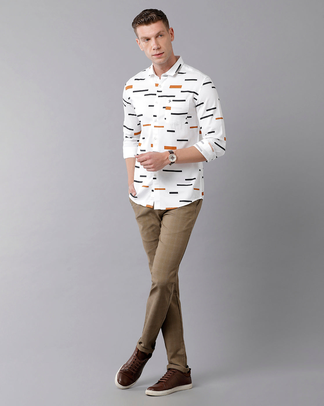 CP BRO Men's Cotton Printed Full Sleeve Slim Fit Polo Neck Multicolor Woven Shirt | Sbn2-13 A