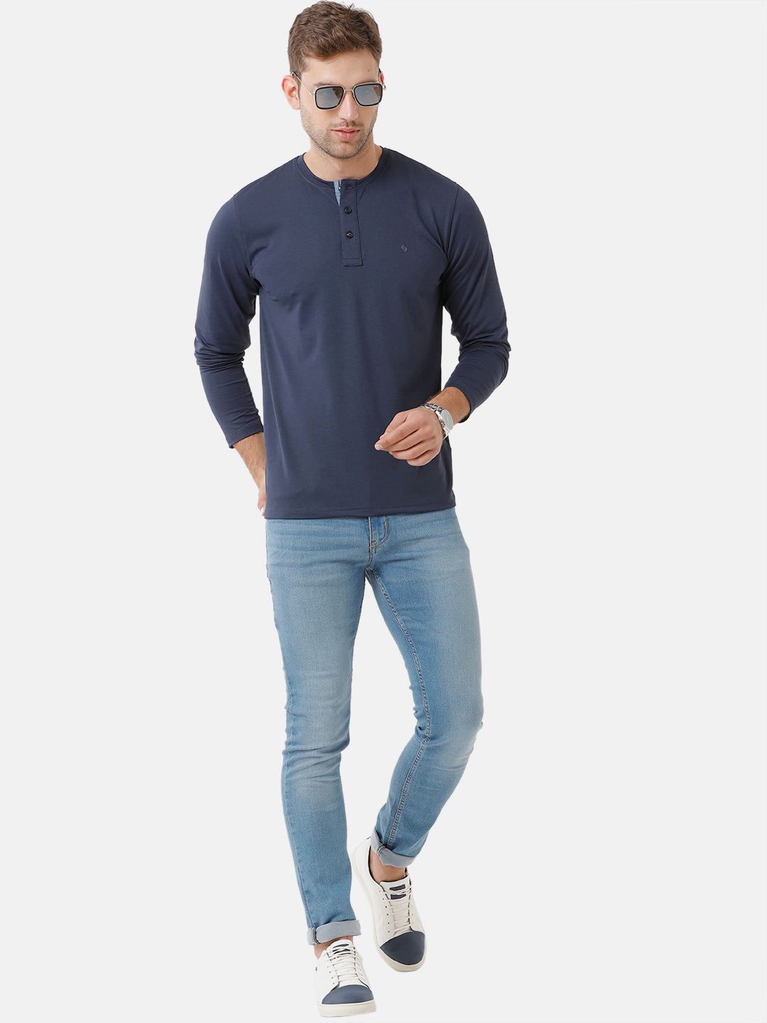Classic Polo Mens Cotton Solid Full Sleeve Slim Fit Y Neck Navy Blue Color T-Shirt | Verno 306 C