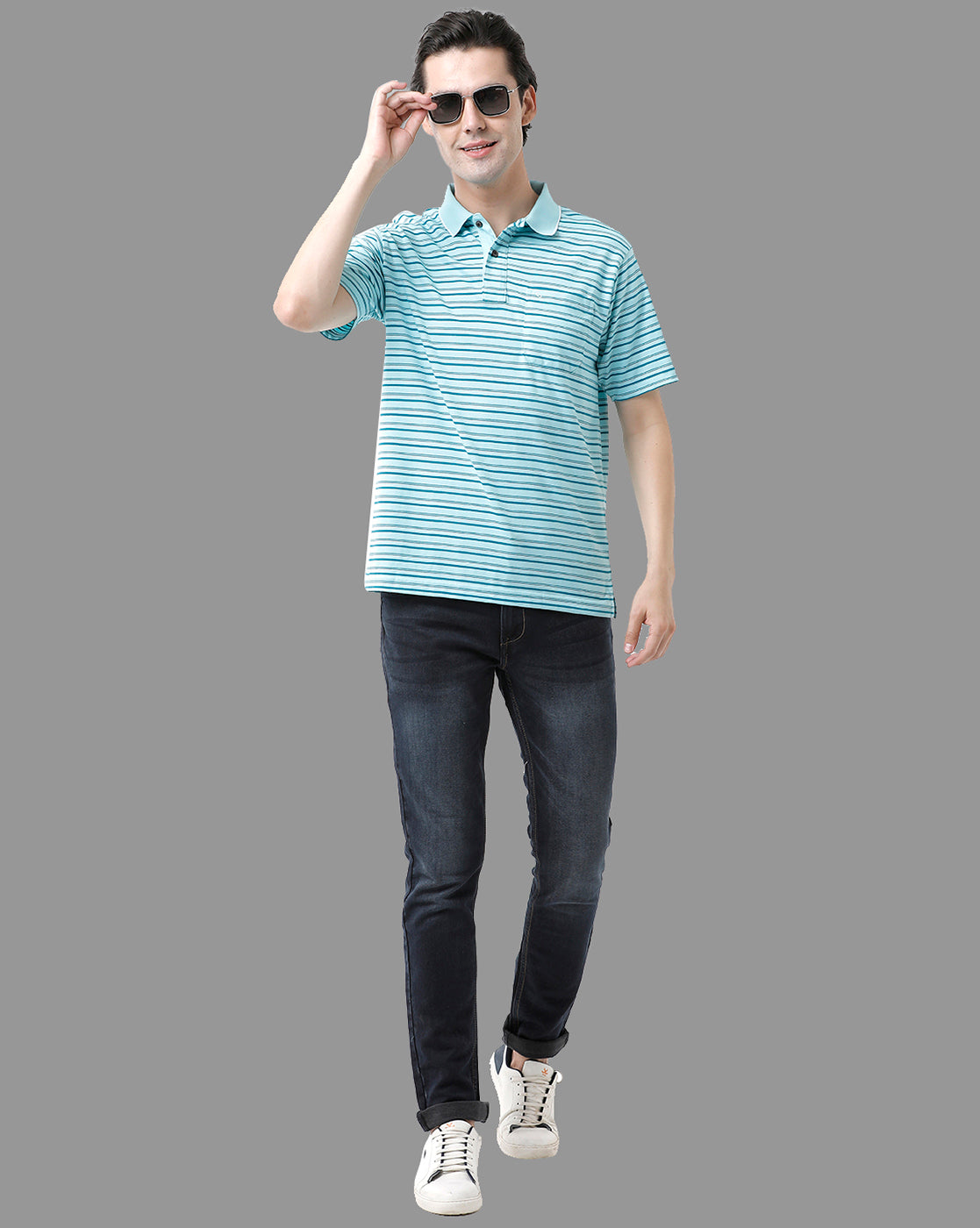 Classic Polo Mens Cotton Half Sleeve Striped Authentic Fit Polo Neck Sky Blue Color T-Shirt | Feeders - 207 A