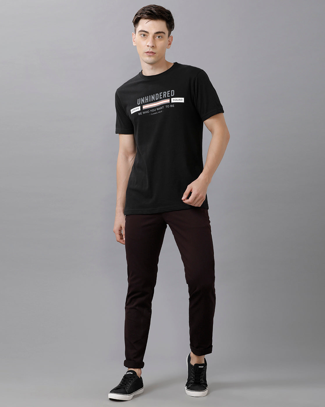 Classic Polo Mens Cotton Printed Half Sleeve Slim Fit Round Neck Black Color T-Shirt | Baleno 488