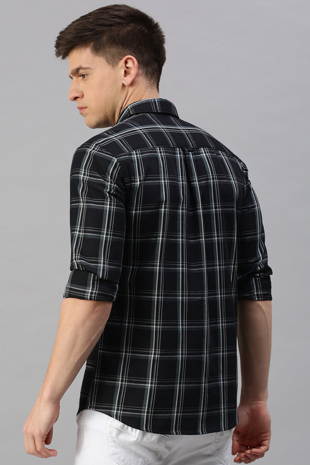 Classic Polo Men's Cotton Full Sleeve Checked Slim Fit Polo Neck Navy Color Woven Shirt | So1-160 B