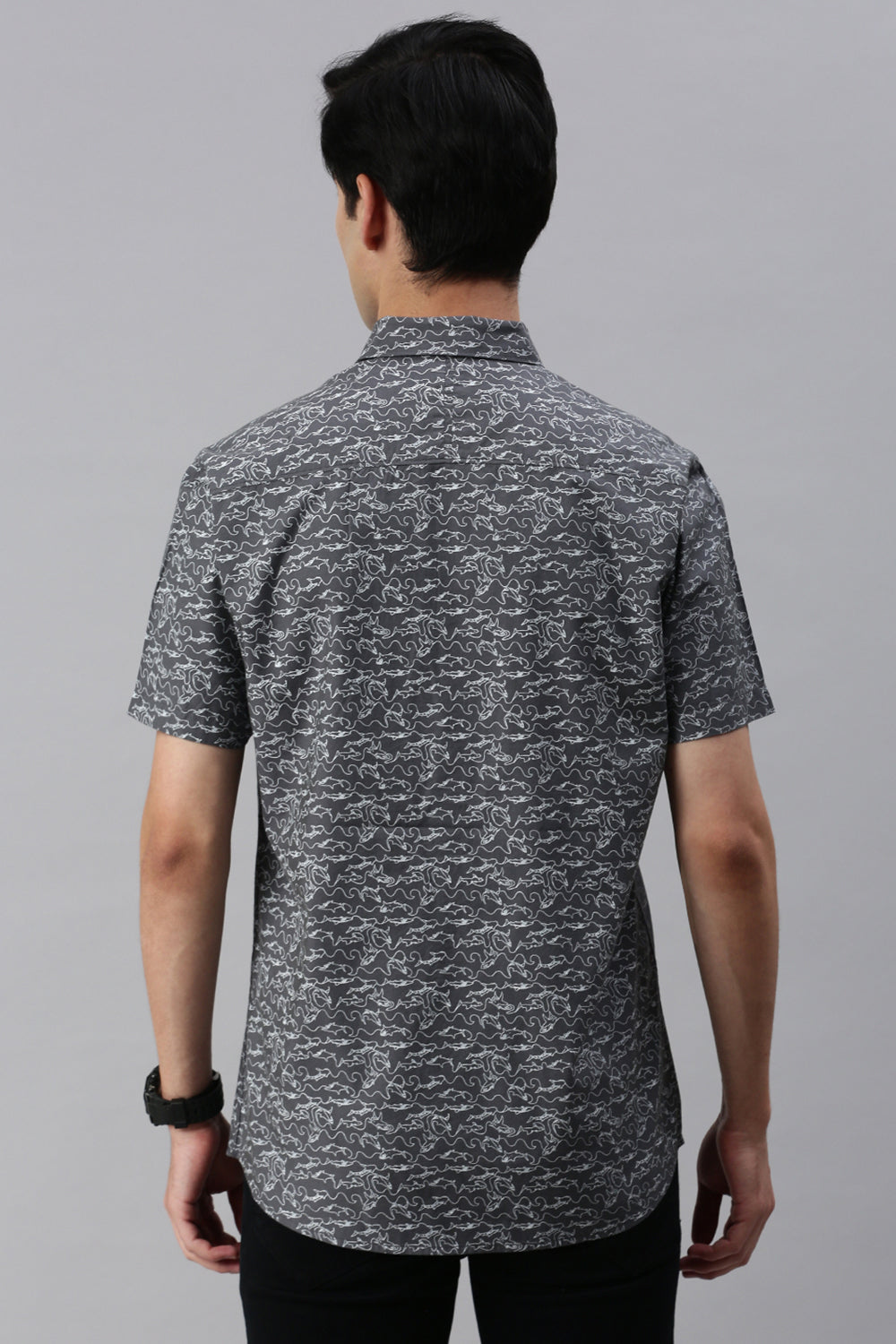 Classic Polo Men's Cotton Half Sleeve Printed Slim Fit Polo Neck Grey Color Woven Shirt | So1-148 B