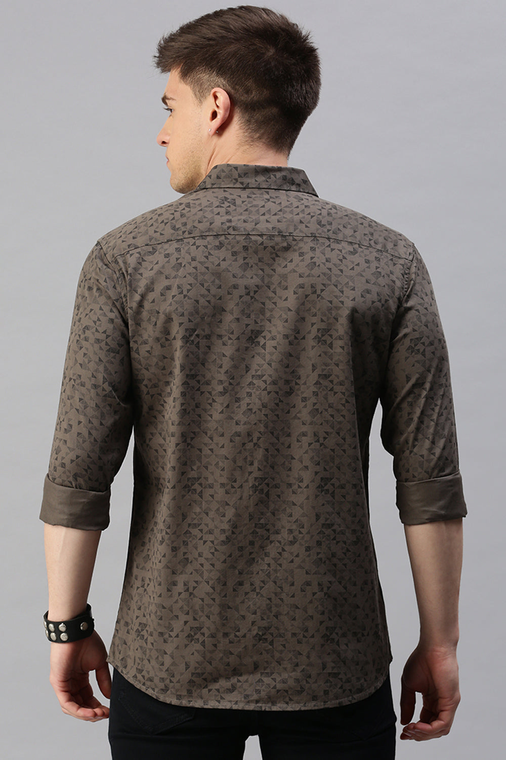 Classic Polo Men's Cotton Full Sleeve Printed Slim Fit Polo Neck Khaki Color Woven Shirt | So1-12 B