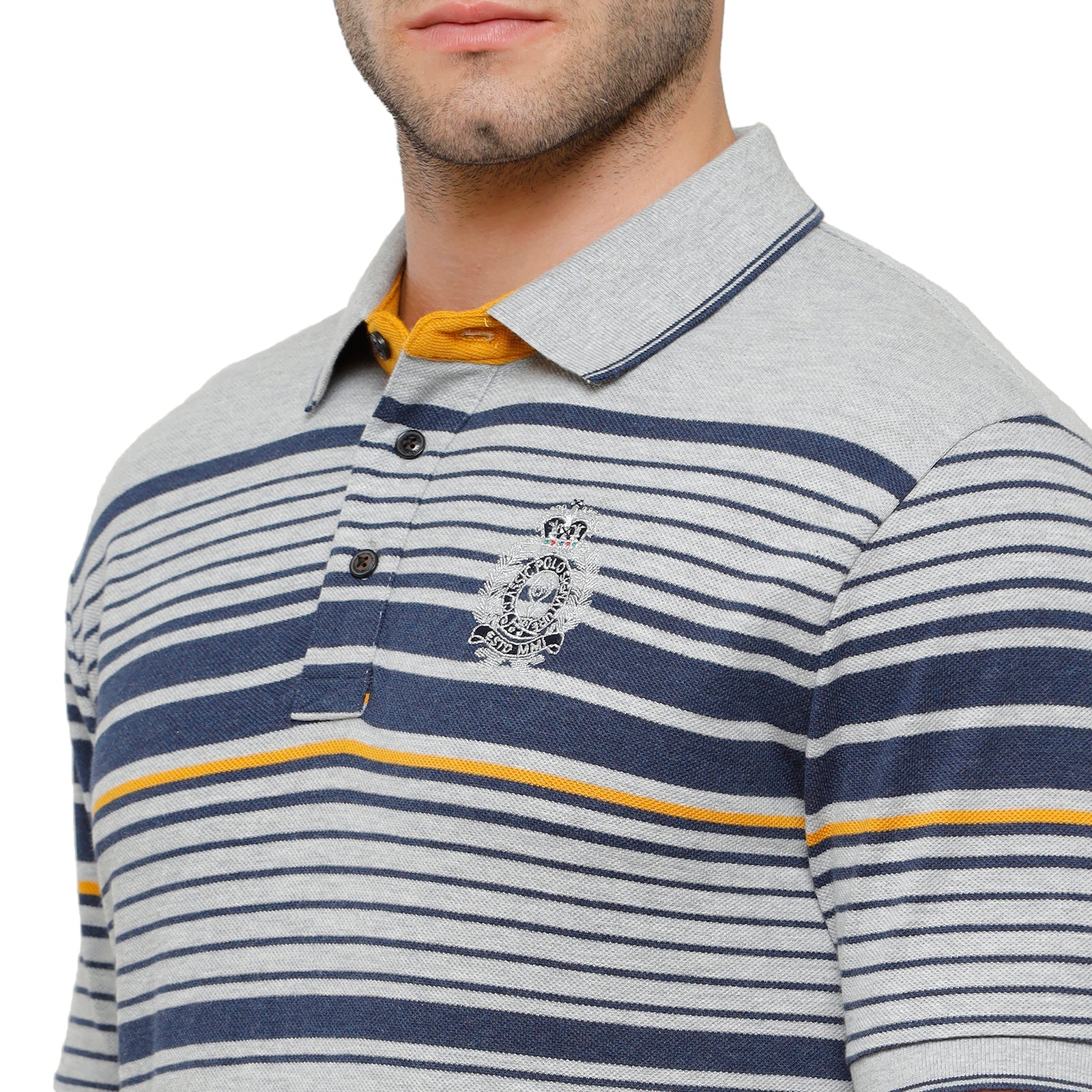Classic Polo Mens Grey Stripped Half Sleeve Slim Fit Polo Neck T-Shirt - VTA 183B T-shirt Classic Polo 
