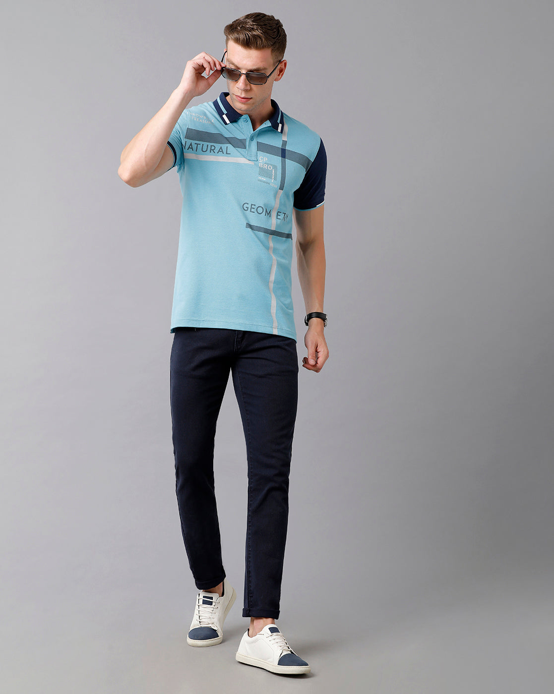CP BRO Men's Cotton Color Block Half Sleeve Slim Fit Polo Neck Sky Blue Color T-Shirt | Brp - 336 B