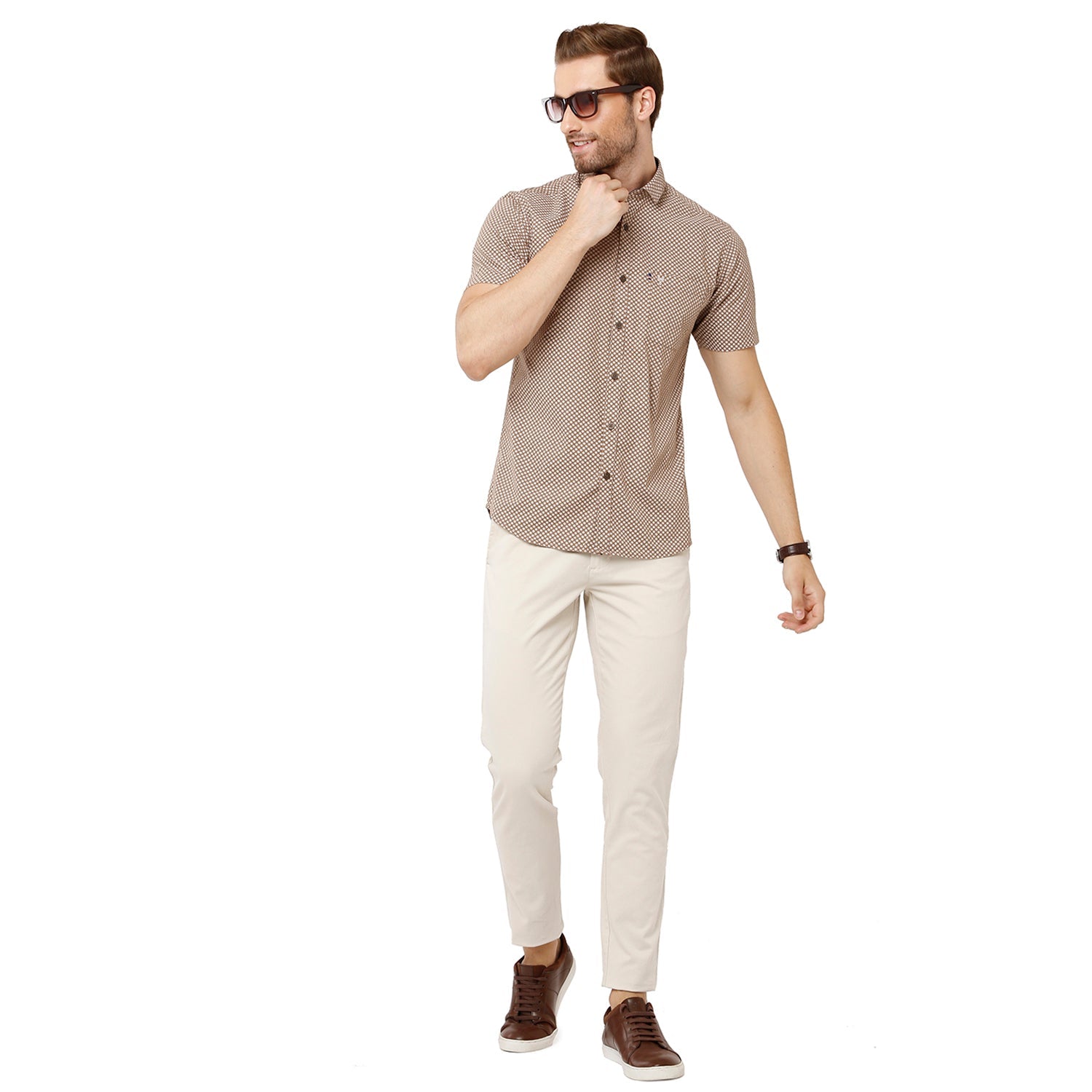 Classic Polo Mens 100% Cotton Half Sleeve Printed Slim Fit Beige Color Woven Shirt -SN1 56 B Shirts Classic Polo 