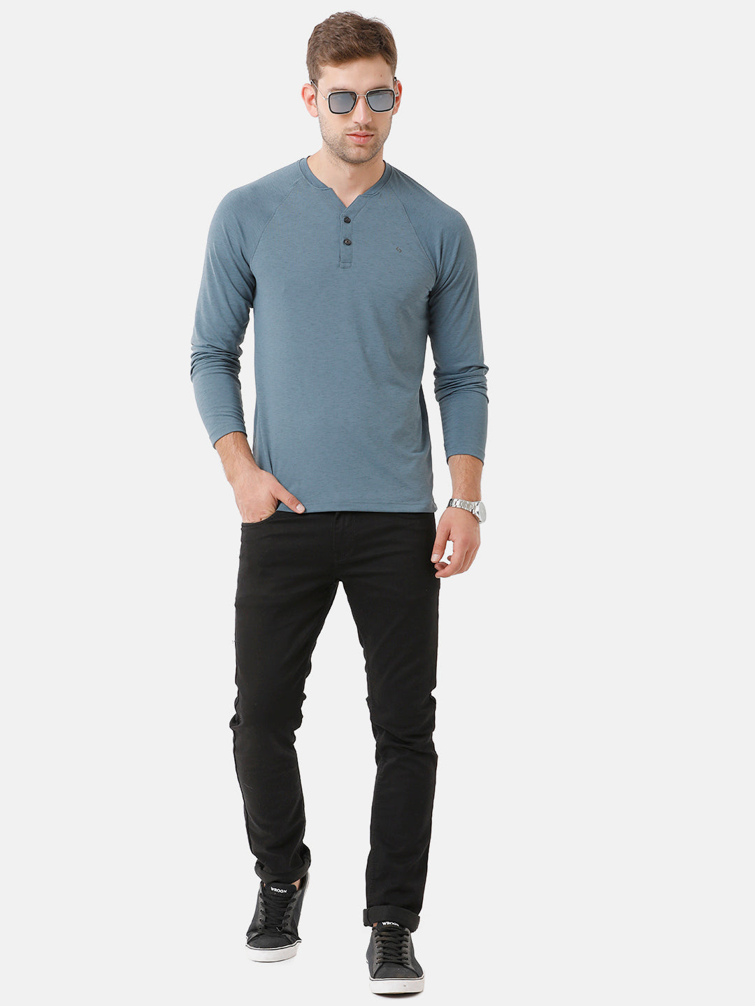 Classic Polo Mens Cotton Full Sleeve Solid Slim Fit Y-Neck Green Color T-Shirt | Verno 304 D