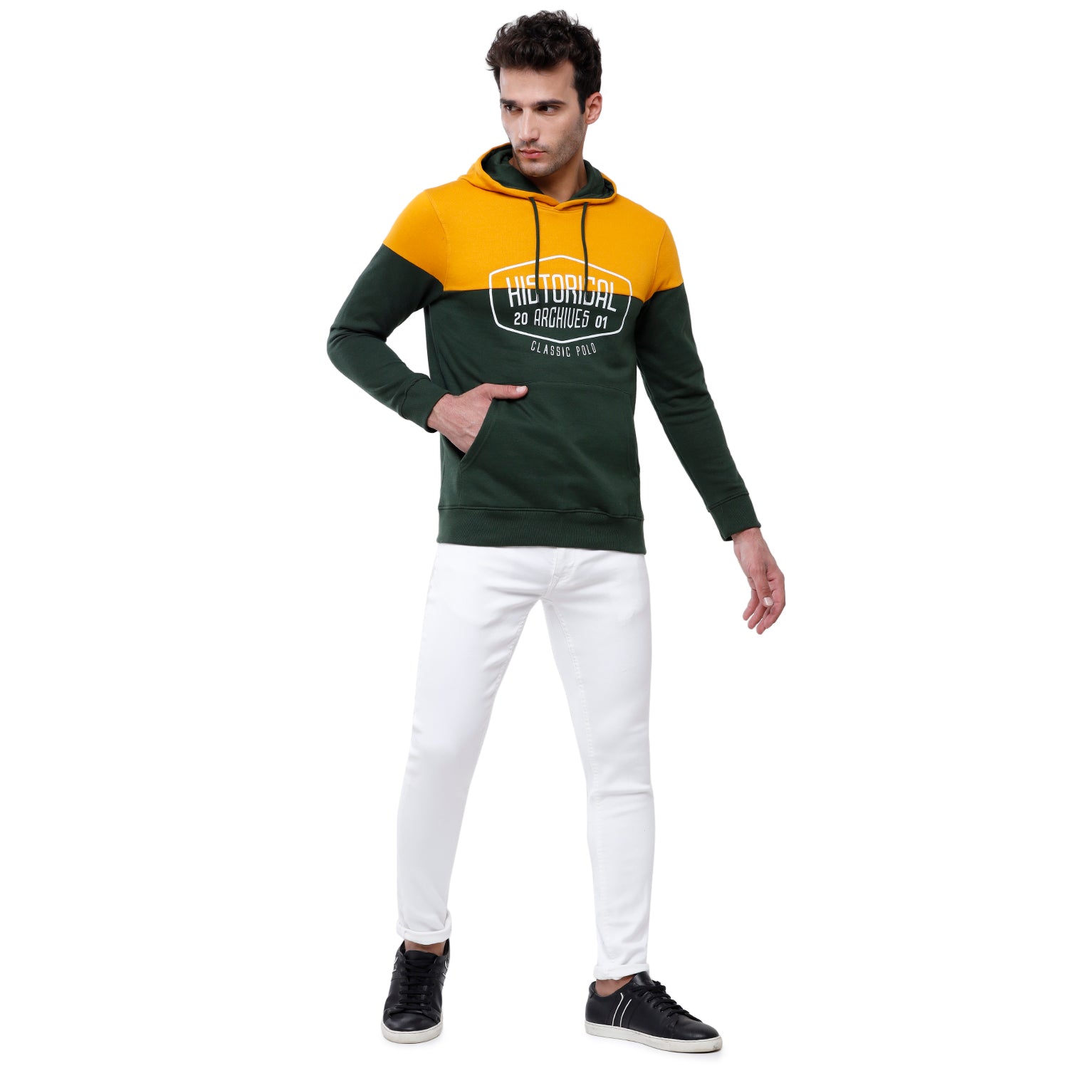 Classic Polo Men's Color Block Full Sleeve Yellow & Green Hooded Sweat Shirt - CPSS-335 A Sweat Shirts Classic Polo 