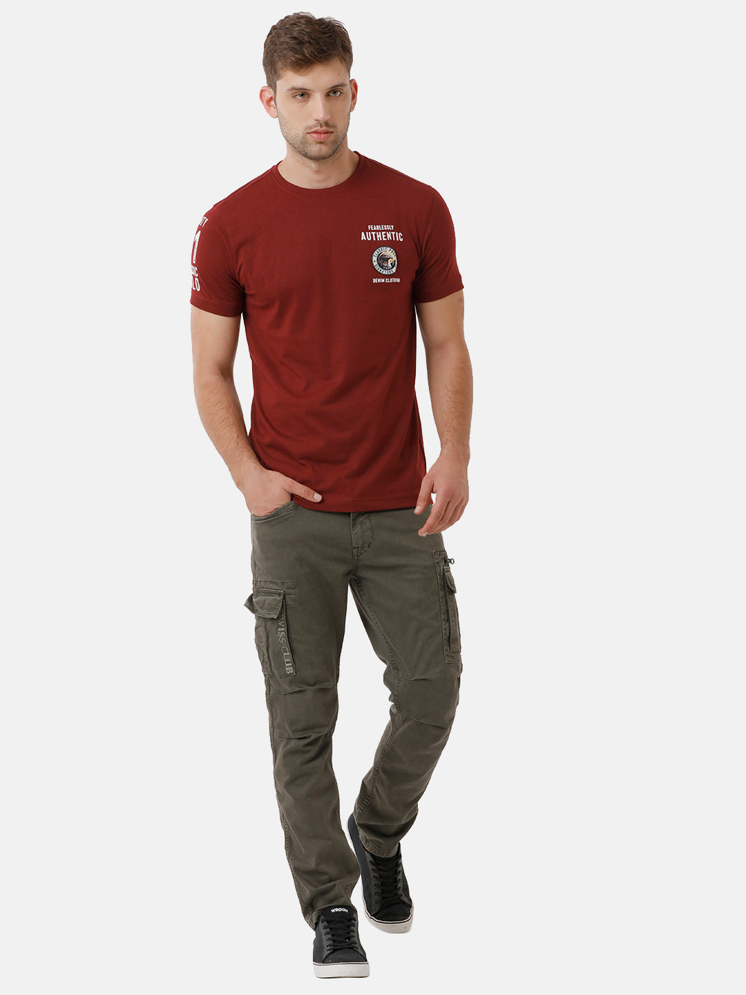 Classic Polo Mens Cotton Printed Half Sleeve Slim Fit Round Neck Red Color T-Shirt | Baleno 407 B