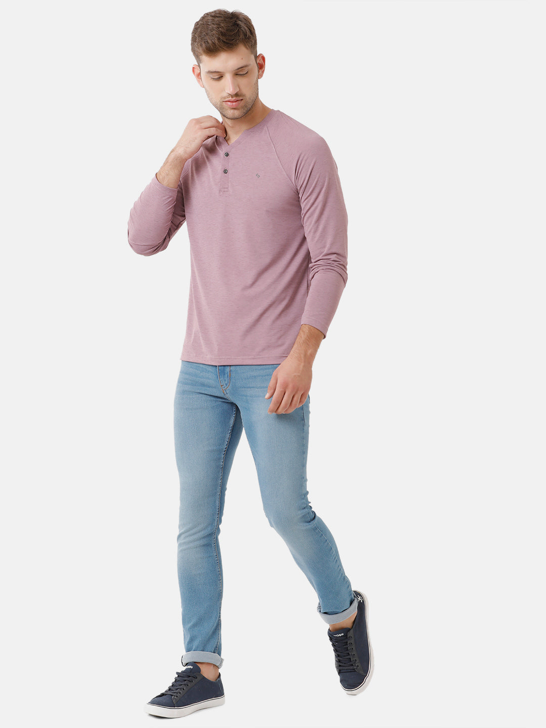 Classic Polo Mens Cotton Full Sleeve Solid Slim Fit Y-Neck Lavender Color T-Shirt | Verno 304 A