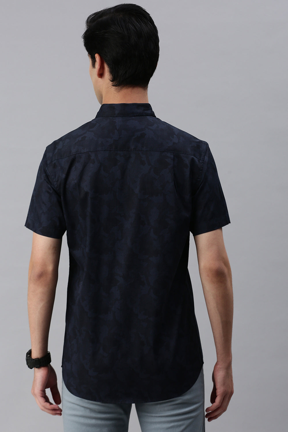 Classic Polo Men's Cotton Half Sleeve Printed Slim Fit Polo Neck Navy Color Woven Shirt | So1-11 C
