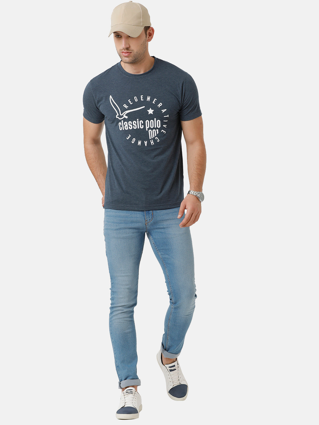 Classic Polo Mens Cotton Printed Half Sleeve Slim Fit Round Neck Navy Color T-Shirt | Baleno 482