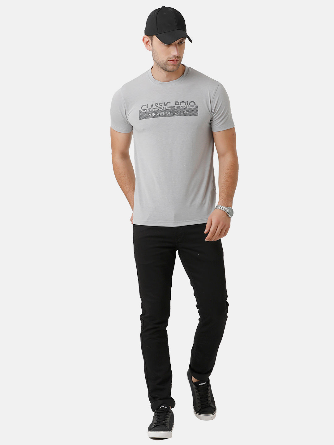Classic Polo Mens Cotton Printed Half Sleeve Slim Fit Round Neck Grey Color T-Shirt | Baleno 479