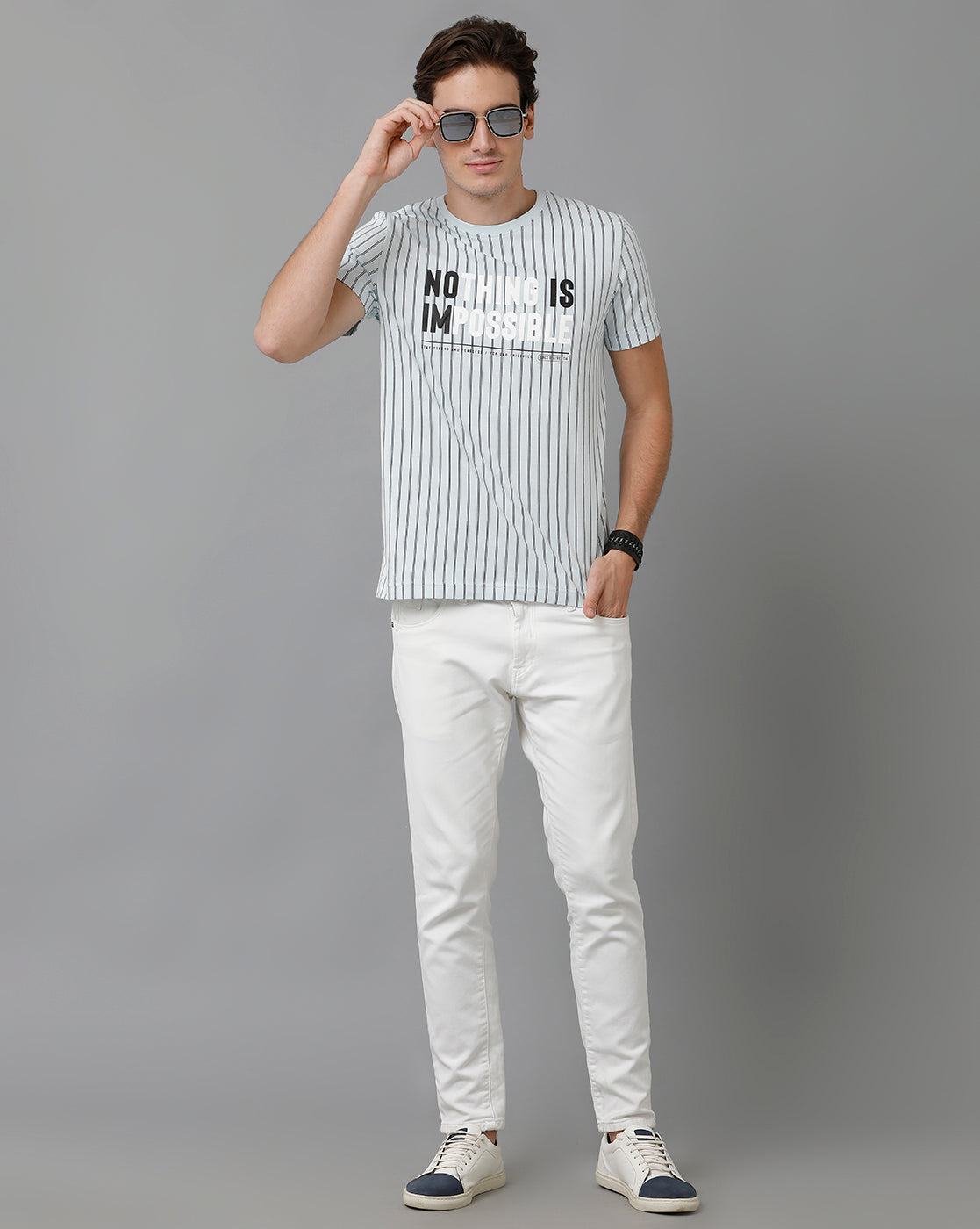 CP BRO Men's Cotton Half Sleeve Striped Slim Fit Round Neck White Color T-Shirt | Brcn - 522 A
