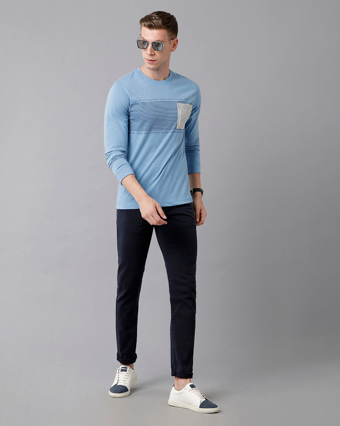Classic Polo Men's Cotton Printed Full Sleeve Slim Fit Round Neck Blue Color T-Shirt | Baleno Fs - 478 B