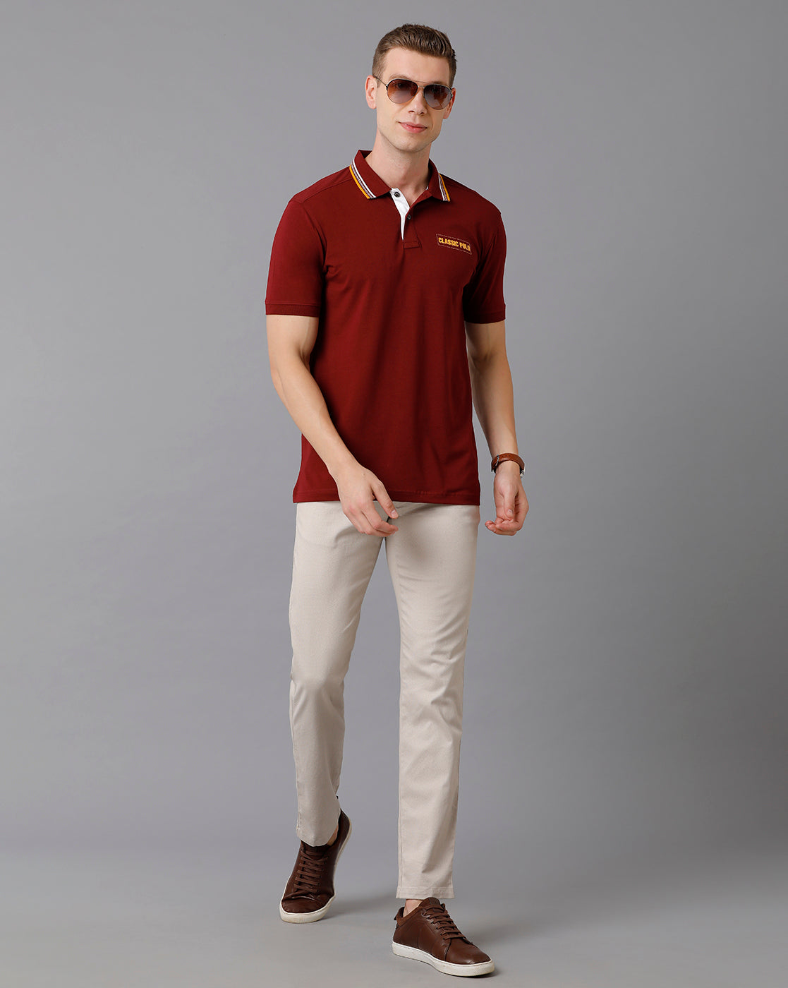 Classic Polo Men's Cotton Solid Slim Fit Maroon T-Shirt | Prm - 724 A