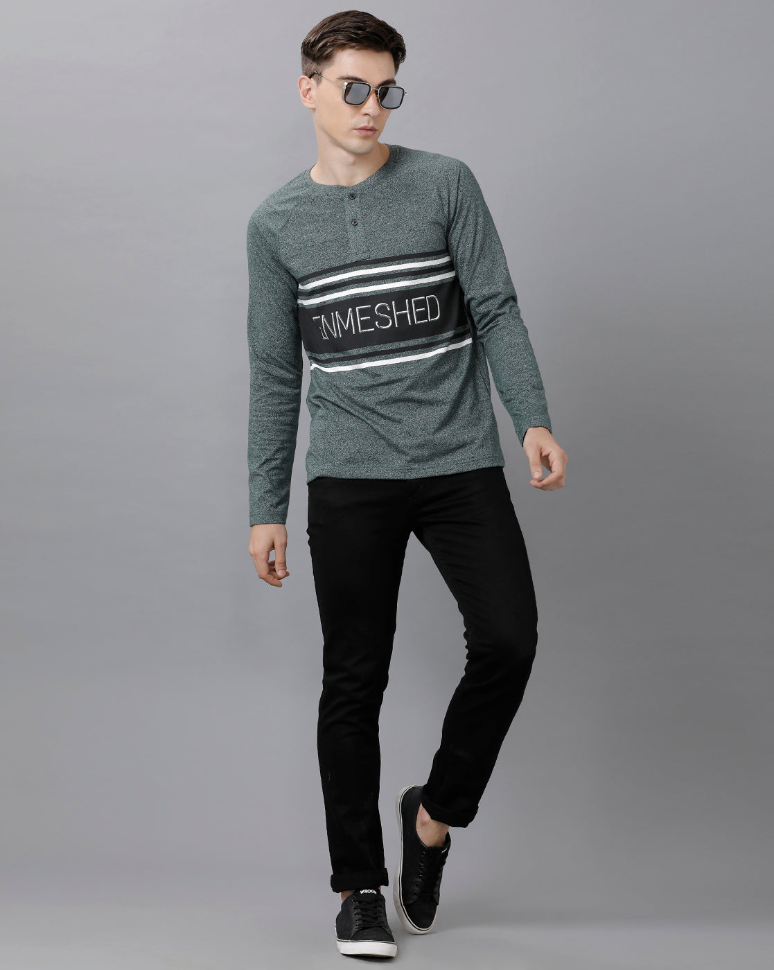 Classic Polo Mens Cotton Color Block Full Sleeve Slim Fit Round Neck Green Color T-Shirt | Baleno Fs 483 A