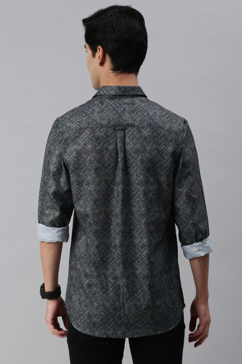 Classic Polo Men's Cotton Full Sleeve Printed Slim Fit Polo Neck Black Color Woven Shirt | So1-29 A
