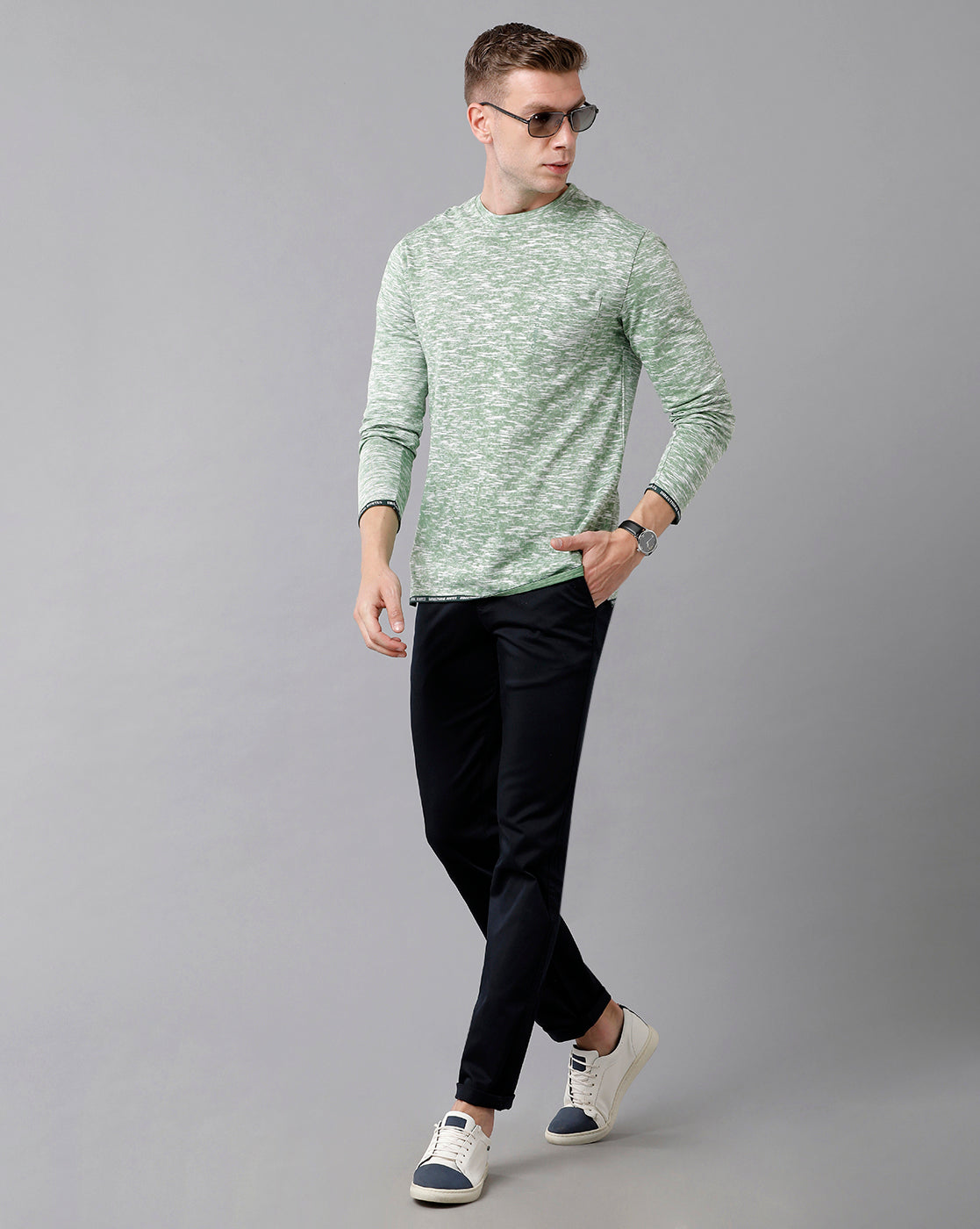 Classic Polo Men's Cotton Self Design Full Sleeve Slim Fit Round Neck Green Color T-Shirt | Baleno Fs - 481 A