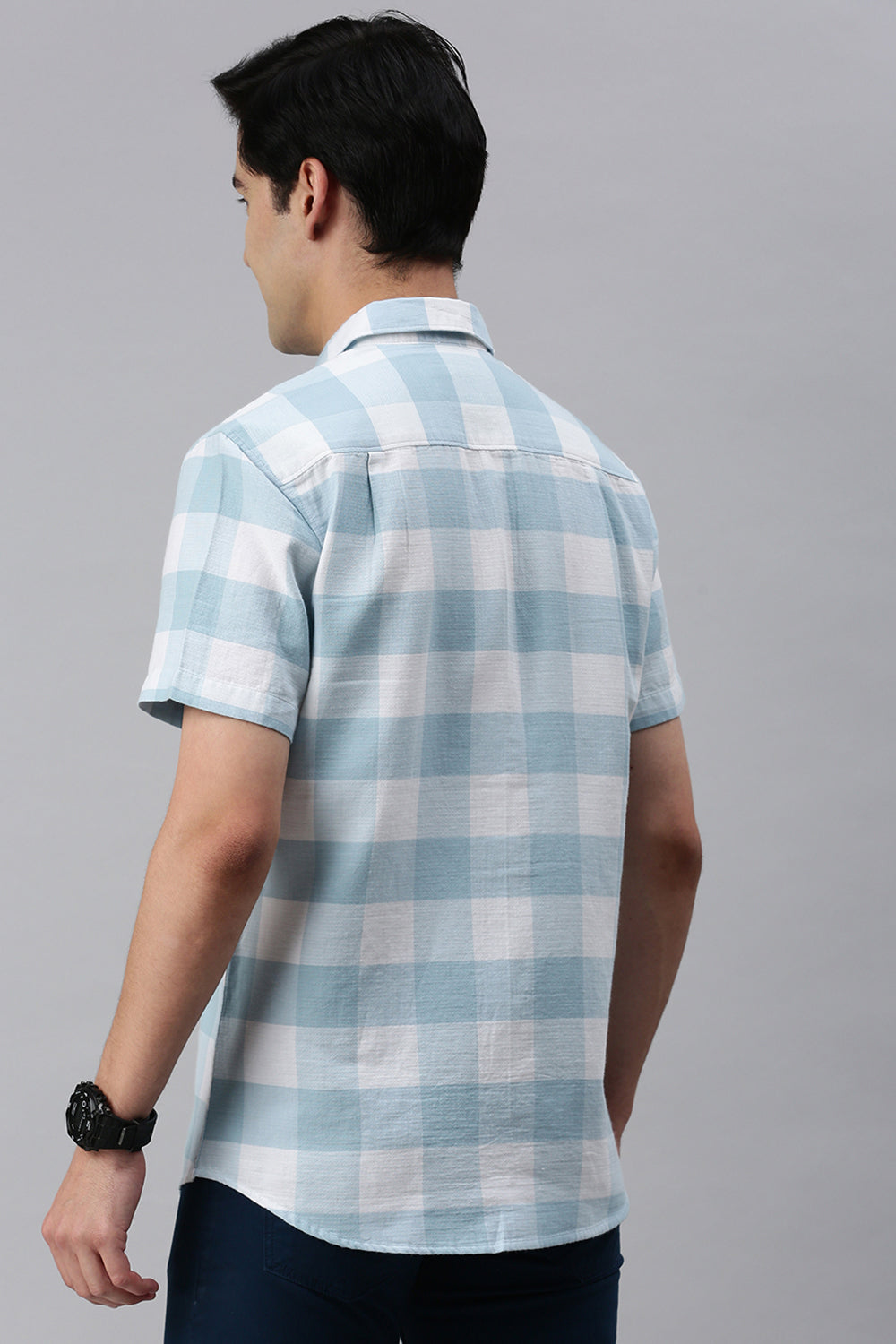 Classic Polo Men's Cotton Half Sleeve Checked Slim Fit Polo Neck Light Blue Color Woven Shirt | So1-132 A